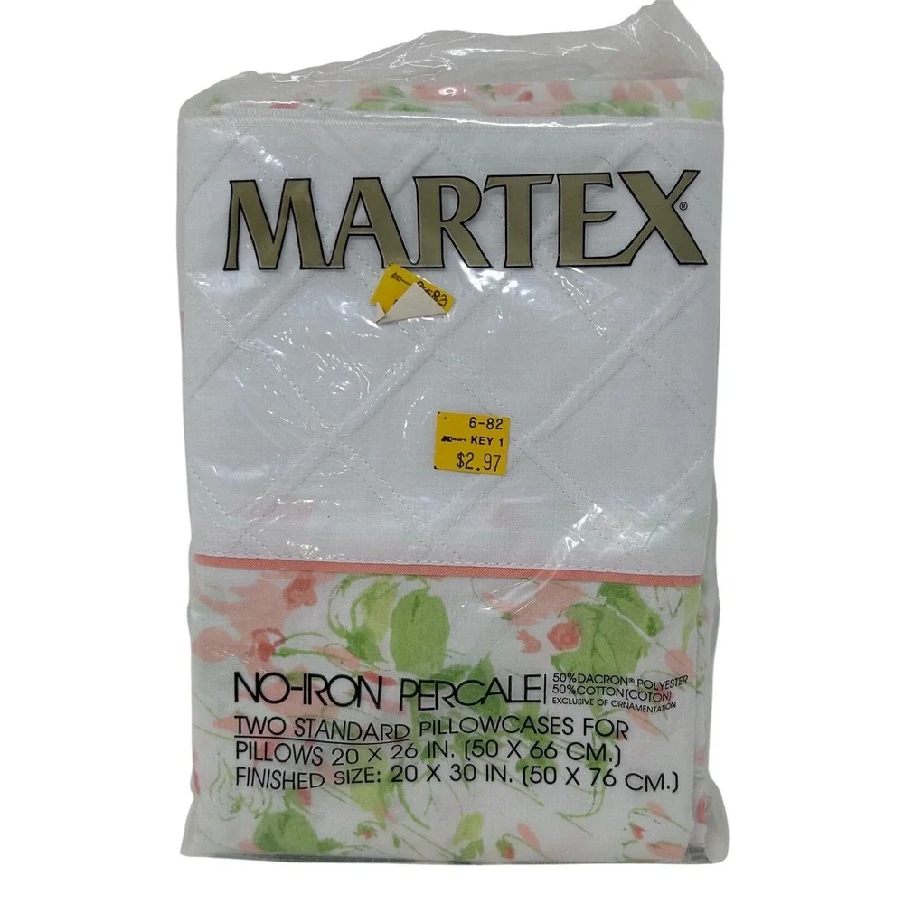 Vintage Martex Floral Pillowcase Set 2pk Percale‎ Pink Green White 80s Cottage